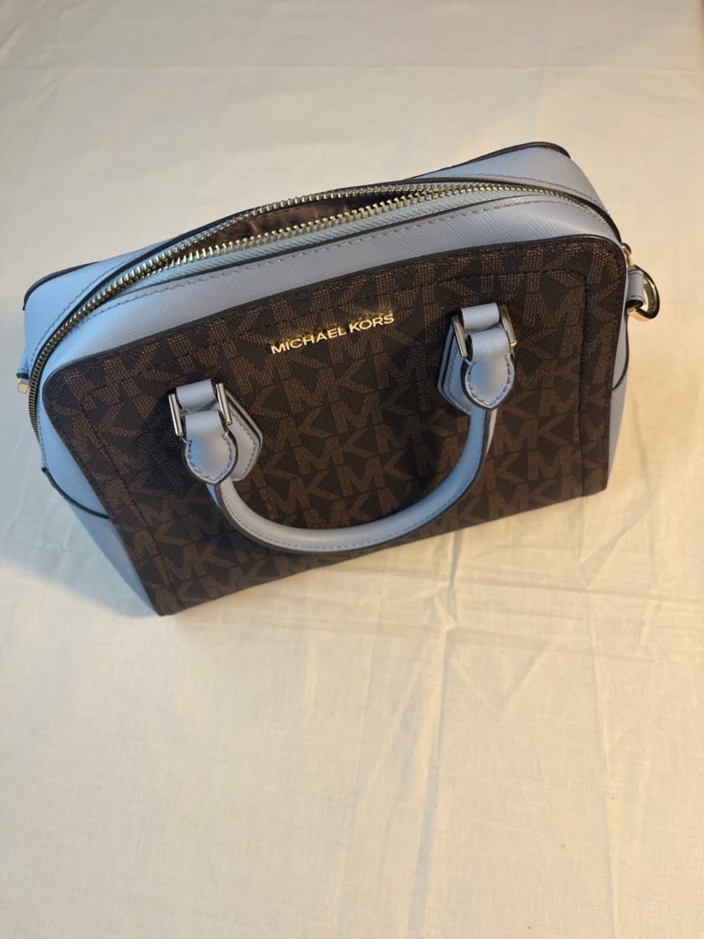 Michael Kors Brown MK Monogram Satchel with Light Blue Trim
